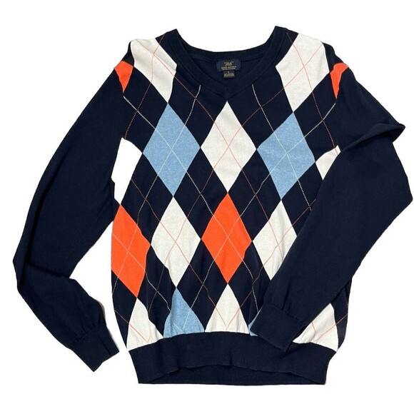 Brooks Brothers 346 Cotton Cashmere V-Neck Sweater Large Navy Argyle Preppy Golf - Picture 1 of 4